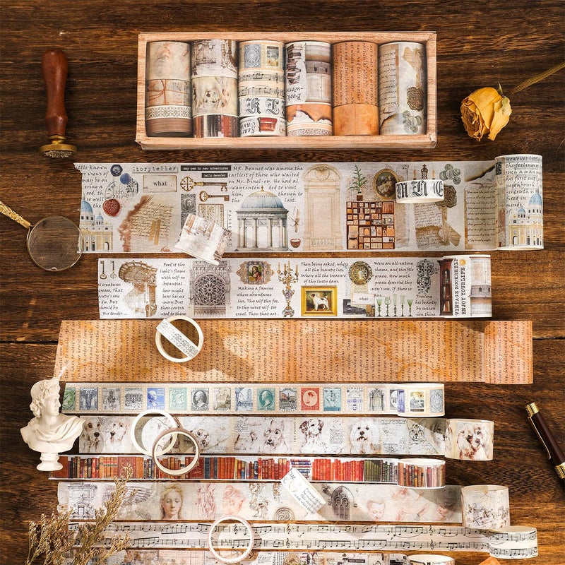 emmoolife 18 Rolls Vintage Washi Tape Set, Castle Stamp Music Retro Masking Tape 5/10/15/20/25/30/50/75mm Wide 6.56ft Long Decorative Scrapbook Tape for journaling, Scrapbooking Supplies, Junk Journal Craft - Image 3